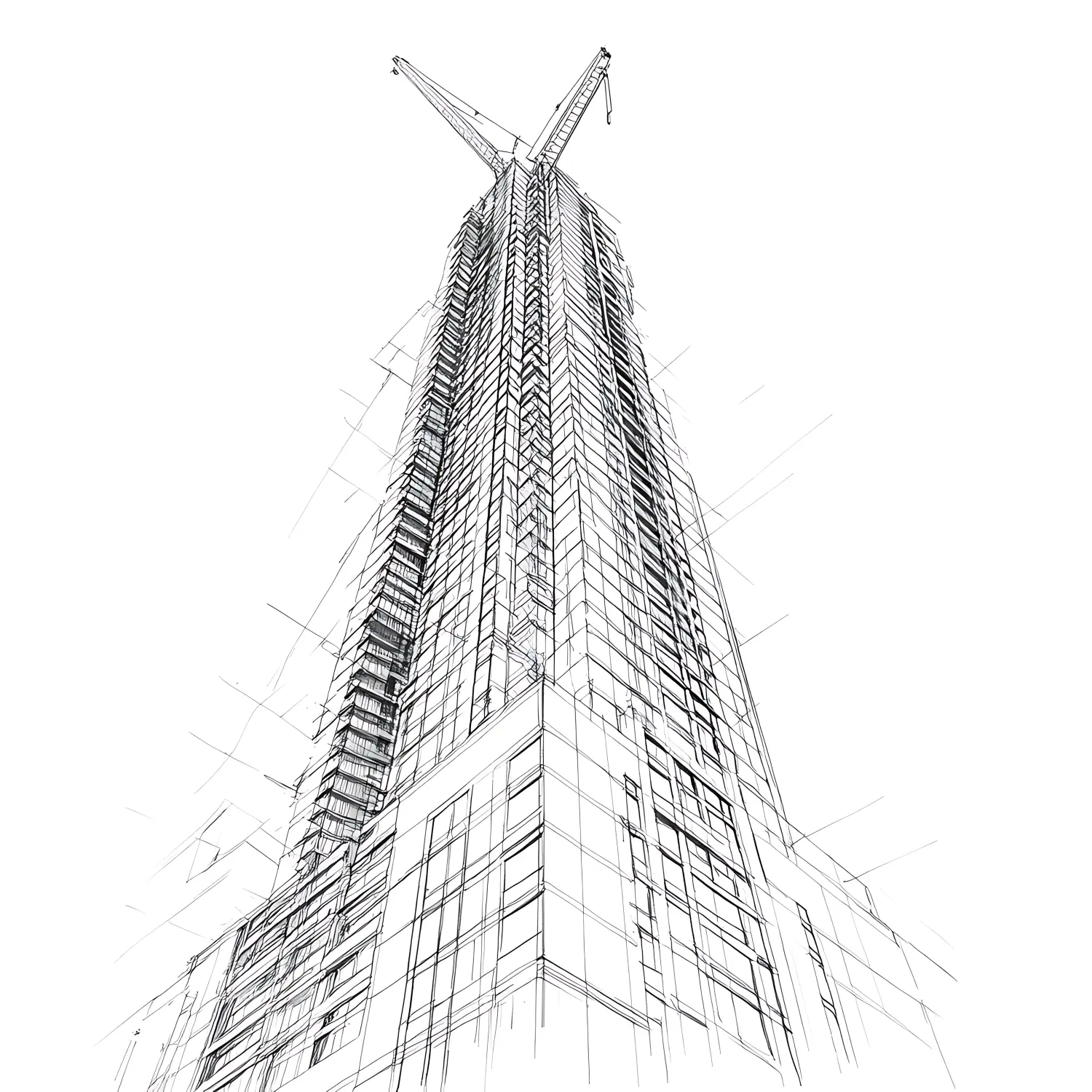 Architekturskizze eines modernen, hohen Bürogebäudes aus Glas und Stahl mit hoher Auflösung